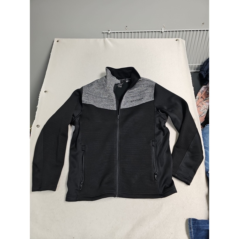Spyder Mens Full Zip Jacket Black Gray Honeycomb Knit Fleece Small S P CH